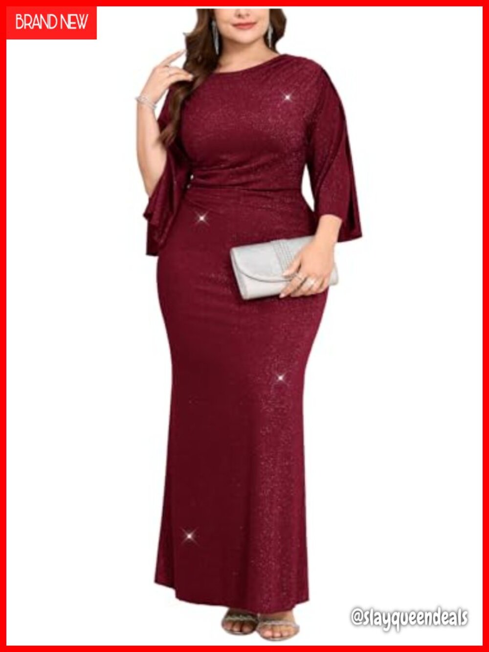 Plus Size Glitter Evening Gown 3/4 Sleeve Ruched Waist Maxi Dress